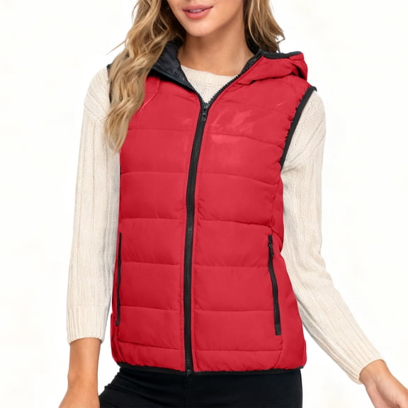Women's Casual Hooded Sleeveless Down Vest - Plus Size, Red, XXXXXL