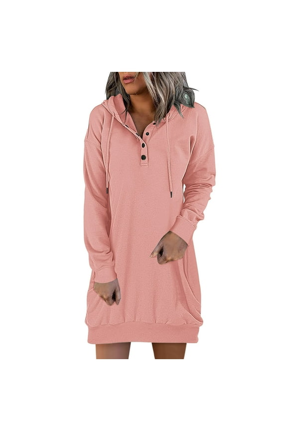 Women's Casual Hooded Sweatshirt Dress Long Sleeve Button Front Pullover Lightweight Tunic Top