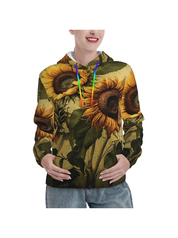 Women's Casual Hoodie, Pullover Sweatshirt with Pocket , Vintage Sunflowers Sunflower Art Print