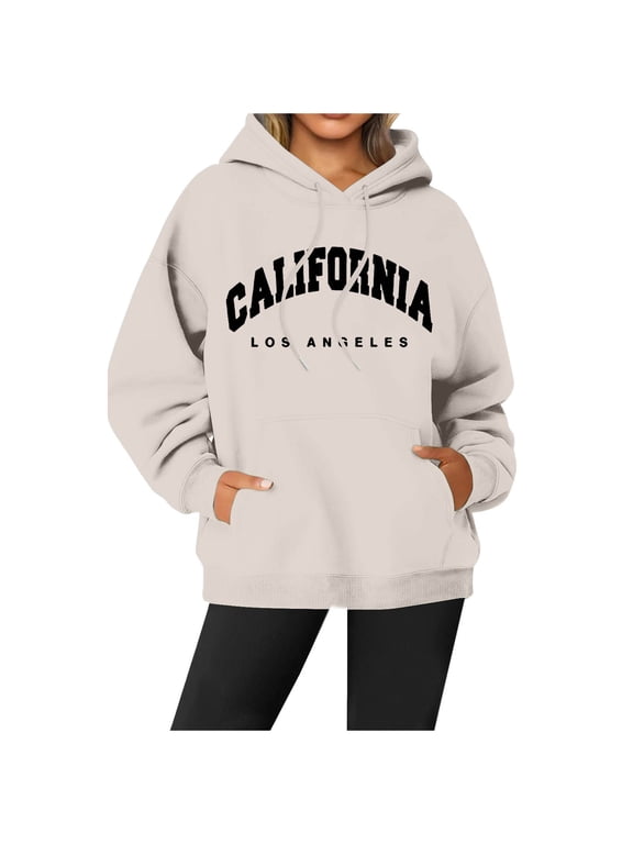 Women's Casual Hoodies California Letter Graphic Hooded Long Sleeve Pullover Streetwear Loungewear Sweatshirt Top 2XL