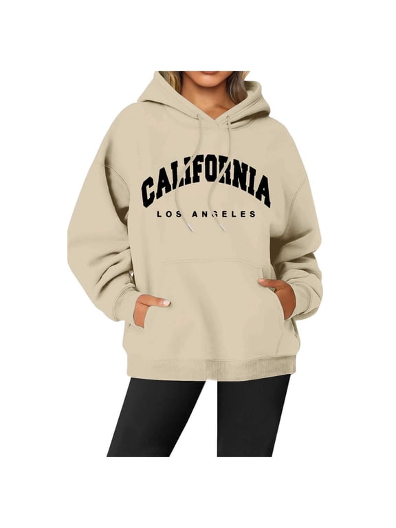 Women's Casual Hoodies California Letter Graphic Hooded Long Sleeve Pullover Streetwear Loungewear Sweatshirt Top S