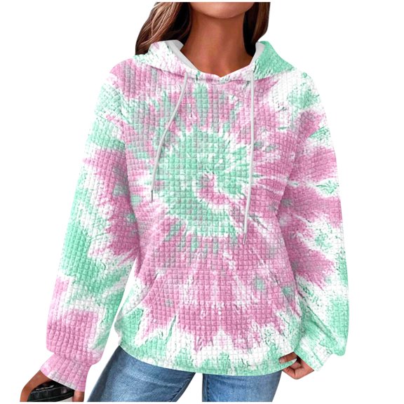 Women's Casual Hoodies Drawstring Tie-Dye Print Waffle Pullover Tops Casual Loose Stylish Sweatshirts With Kanga Pocket (M, Pink-C)