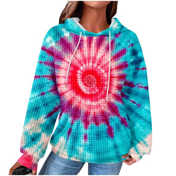 Women's Casual Hoodies Drawstring Tie-Dye Print Waffle Pullover Tops Casual Loose Stylish Sweatshirts With Kanga Pocket (M, Pink)