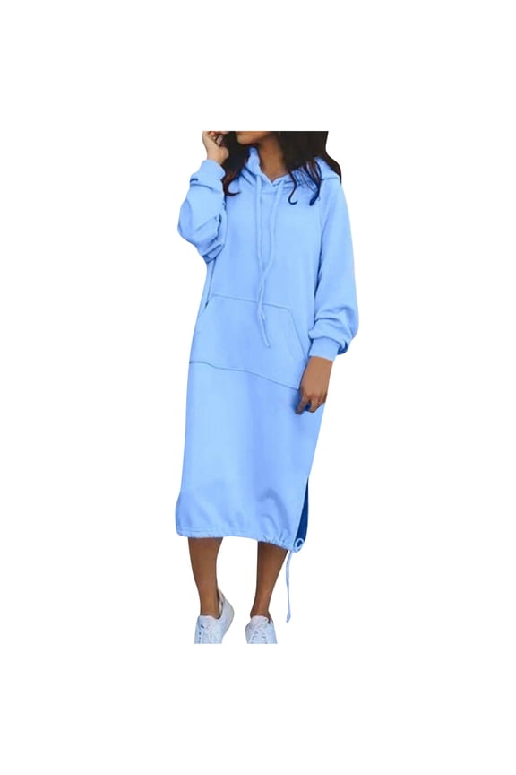 Women's Casual Hoodies Dress Long Sleeve Split Hooded Long Maxi Sweatshirt Dress with Pockets Fall Dresses for Women 2023 Trendy