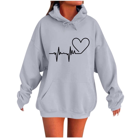 Women's Casual Hoodies Fashion Print Drawstring Long Sleeve Pullover Tops Outdoor Sport Drop Shoulder Sleeves Sweatshirt Gray XL