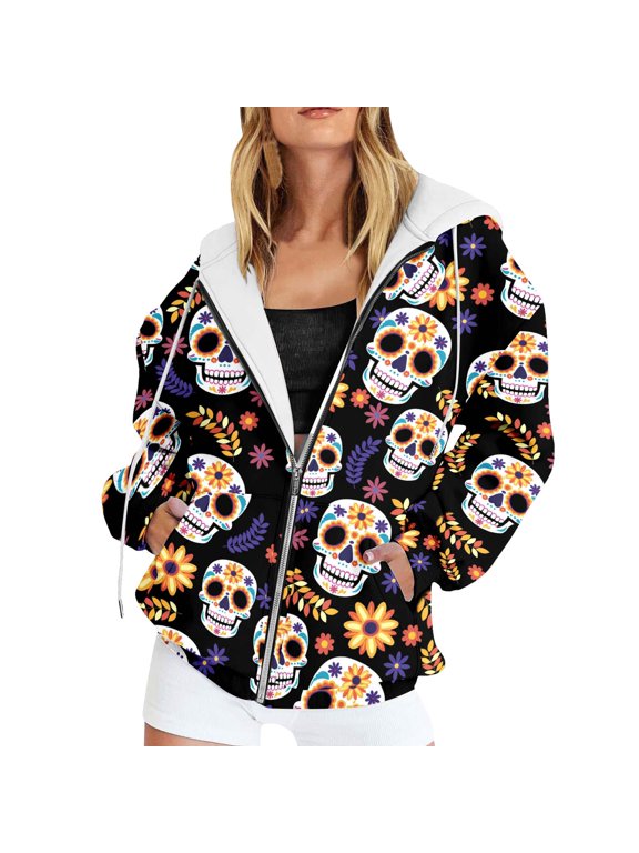 Women's Casual Hoodies Goth Sugar Skull Floral All-Over Print Full Zip Hooded Sweatshirt Drawstring Pocket Y2K Streetwear Outerwear Top S
