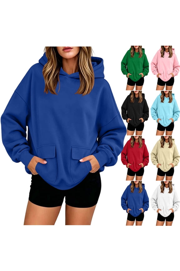 Women's Casual Hoodies Long Sleeve Solid Lightweight Pullover Tops Loose Sweatshirt with Double Flap Pockets White