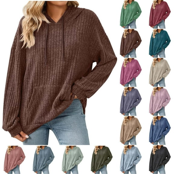 Women's Casual Hoodies Long Sleeves Loose Solid Color Pocket Drawstring Winter Clothes Brown 2XL