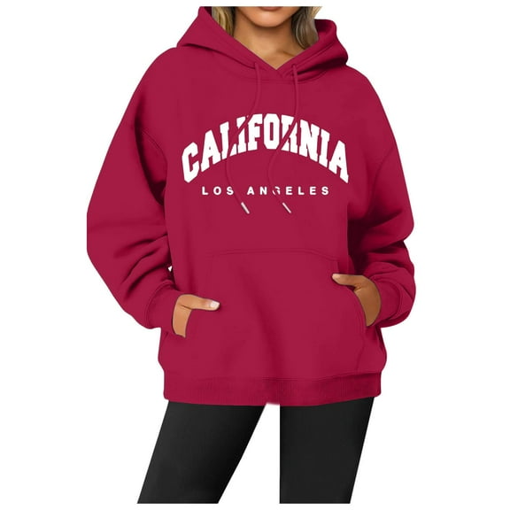 Women's Casual Hoodies Los Angeles California Letter Print Pullover Sweatshirts Drawstring Long Sleeve Tops with Pocket