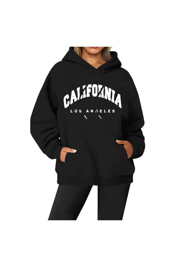 Women's Casual Hoodies Los Angeles California Letter Print Pullover Sweatshirts Drawstring Long Sleeve Tops with Pocket