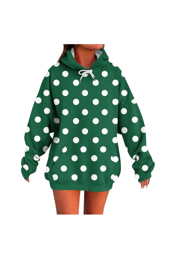 Women's Casual Hoodies Polka Dots Drawstring Long Sleeve Pullover Tops Outdoor Sport Drop Shoulder Sleeves Sweatshirt Army Green XL