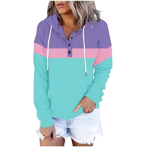 Women's Casual Hoodies Quarter Button Color Block Hooded Pocket Sweatshirts Trend Outdoor Sports Pullover Sweatshirts Sky Blue L