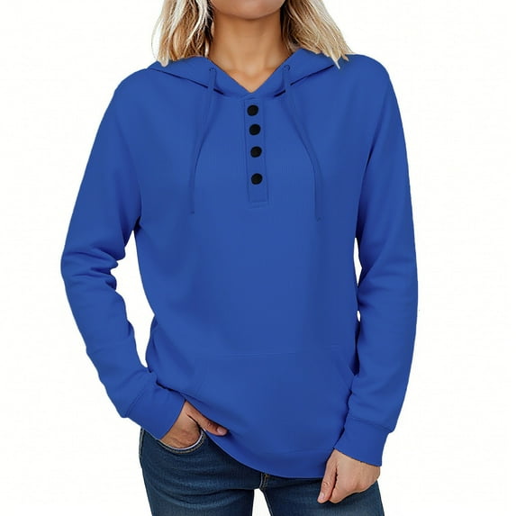 Women's Casual Hoodies Quarter Button Solid Color Hooded Pocket Sweatshirts Trend Outdoor Sports Pullover Sweatshirts Blue XXXXL