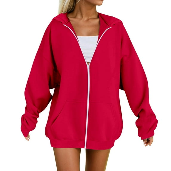 Women's Casual Hoodies With Pocket Long Sleeve Solid Color Zipper Warm Winter Fall Soft Comfortable Loose Fit Sweatshirt For Daily Wear,Red,Xs