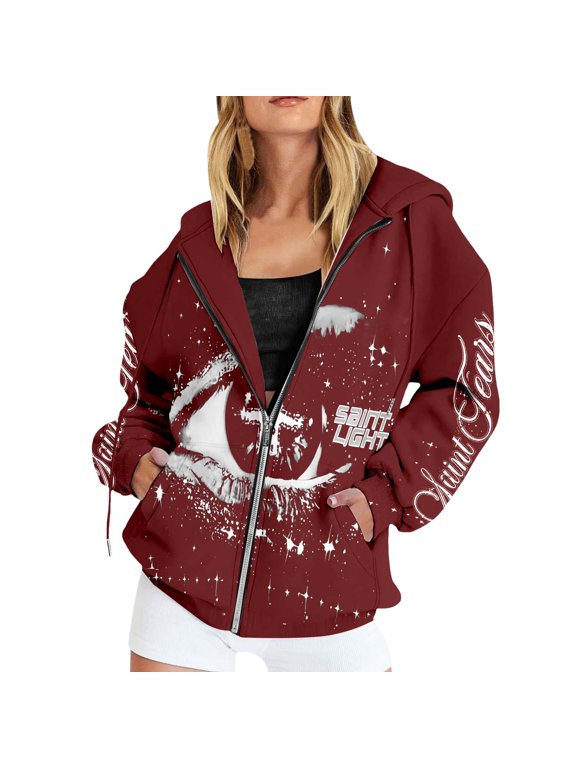 Women's Casual Hoodies Zip Up Goth Eye Moon Star Graphic Full Zip Long Sleeve Hooded Jacket Streetwear Punk Sweatshirt Top 2XL
