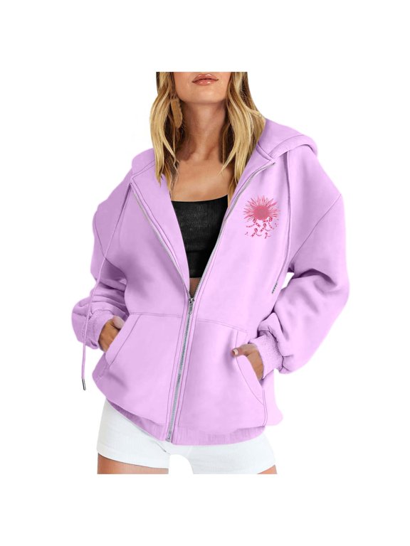Women's Casual Hoodies Zip Up Pink Sunflower Bow Graphic Hooded Sweatshirt Long Sleeve Streetwear Pullover Top M