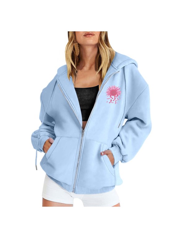 Women's Casual Hoodies Zip Up Pink Sunflower Bow Graphic Hooded Sweatshirt Long Sleeve Streetwear Pullover Top XL