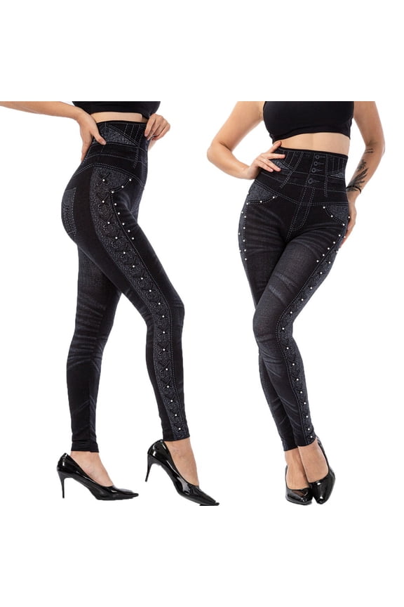 Women's Casual Imitation Cowboy Leggings Bead High Elasticity Slim Cropped Pants