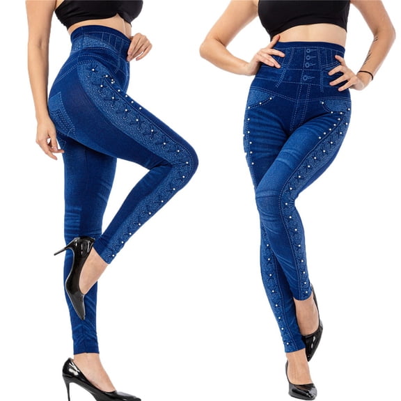 Women's Casual Imitation Cowboy Leggings Bead High Elasticity Slim Cropped Pants