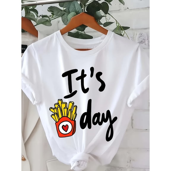 Women's Casual "It's Day" French Fries Graphic T-Shirt - Short Sleeve Crew Neck, Black with Yellow Heart & French Fries Design, Perfect for Casual Attire
