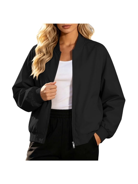 Women's Casual Jacket Bomber Jackets Pockets Stand Collar Windbreaker Zip Up Spring Fall Outerwear, Long Sleeve Fall Coats with Pockets, Solid Cropped Jacket Outerwear