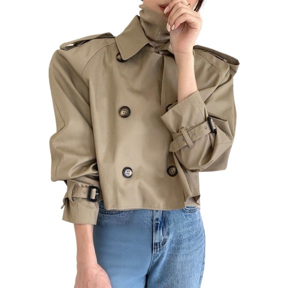 Women's Casual Jacket - Double Short Trench with Notched Lapel Relaxed Fit Long Sleeve Outerwear for Spring and Fall Women's Bomber Jacket Casual Coat