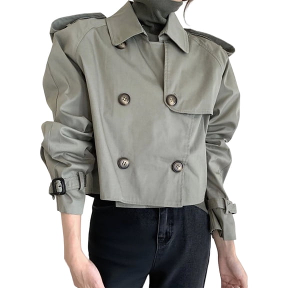 Women's Casual Jacket - Double Short Trench with Notched Lapel Relaxed Fit Long Sleeve Outerwear for Spring and Fall Women's Bomber Jacket Casual Coat