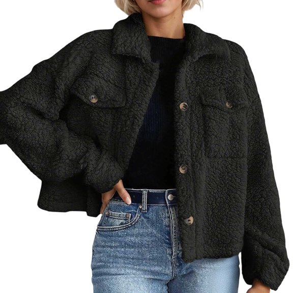 Women's Casual Jacket for Everyday and Travel - Solid Warm Cardigan Coat with Short Sleeves Lapel Style and Button Details in Classic Color Women's Bomber Jacket Casual Coat