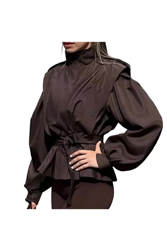 Women's Casual Jacket Fall Fashion Long Sleeve Belted Jacket Cropped Jackets Windbreaker Coat Street Lounge Wear Brown M