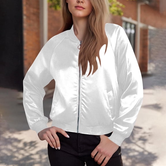 Women's Casual Jacket Lightweight Bomber Jackets Windbreaker Zip up Spring Fall Trendy Outerwear with Pockets (S, White)