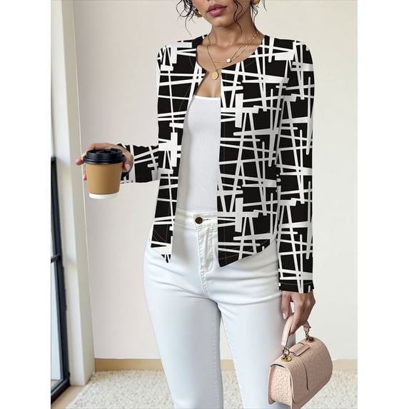 OYYN Women's Lightweight Open Front Geometric Print Short Casual Jacket