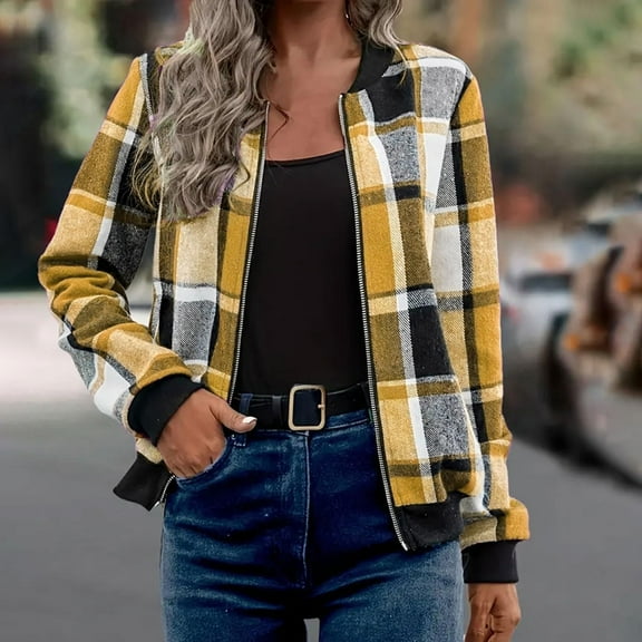 Women's Casual Jackets 2025 Fashion Casual Zip Up Flannel Plaid Jackets Long Sleeve Baggy Outwear Coat Fall Clothes,Yellow Women's Casual Jackets M