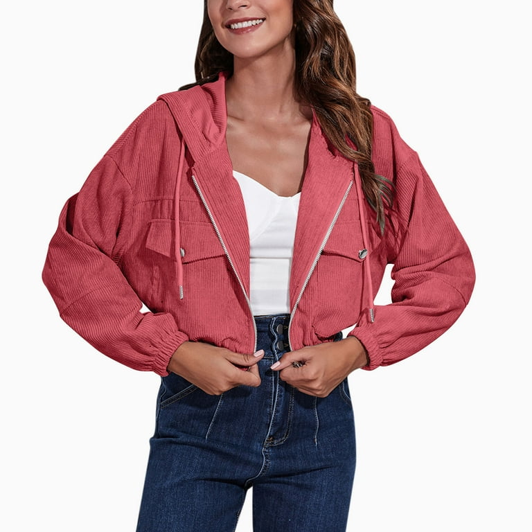 Clearance Sales Women s Casual Jackets Women s Casual Jackets 3 Hooded Jacket Autumn Winter Loose Drop Shoulder Long Sleeve Short Jacket Womens Fashion Corduroy M Walmart
