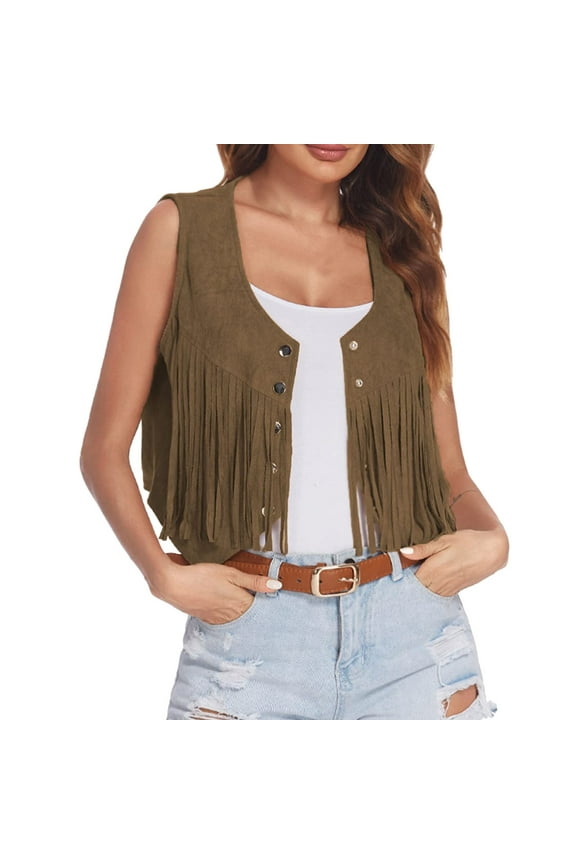 Women's Casual Jackets Fringe Vest Women Suede Open-Front Vest Sleeveless 70s Hippie Clothes Boho Western Jacket