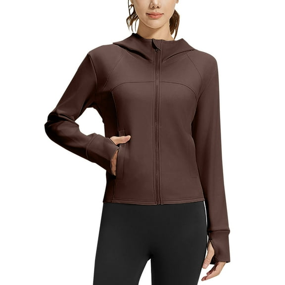 Women's Casual Jackets Hooded Stand Collar Front Zip Thumb Hole Outwear Lounge Lightweight Slim Coat With Pockets (XL, Coffee)