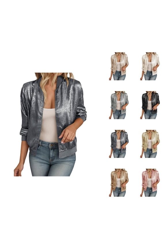 Women's Casual Jackets Lightweight Slim Fit Reflective Zipper Jacket Stylish Solid Color拼接外套 Spring Autumn Fashion Outerwear