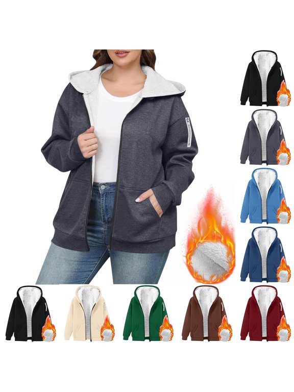 Women's Casual Jackets with Pockets Plus Size Solid Color Long Sleeve Women's Full Zipper Plus Velvet Thickened Jacket Sweatshirt Coat Casual Outerwear Gray 5XL