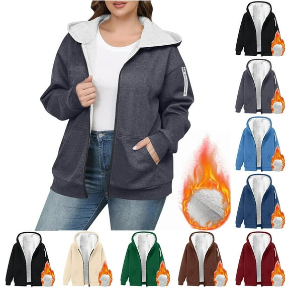 Women's Casual Jackets with Pockets Plus Size Solid Color Long Sleeve Women's Full Zipper Plus Velvet Thickened Jacket Sweatshirt Coat Casual Outerwear Khaki L