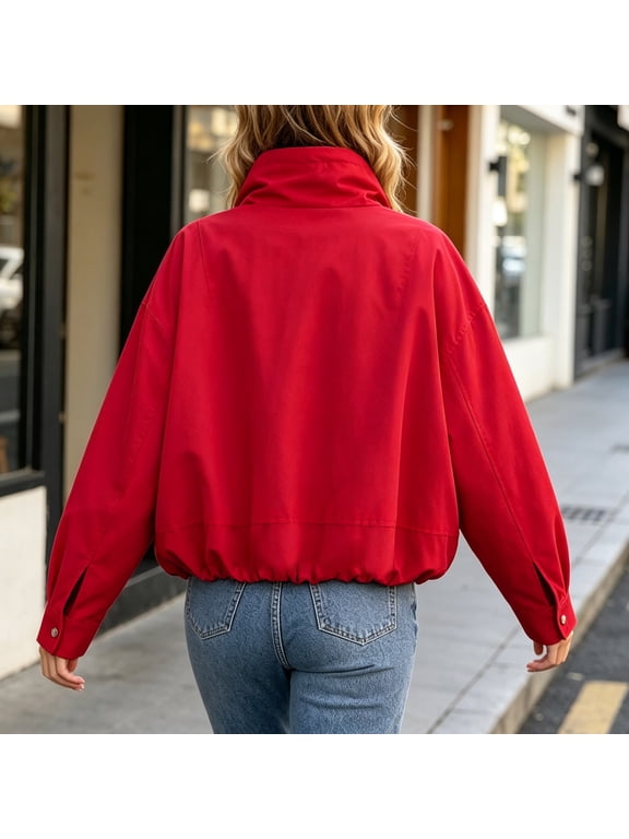 Women's Casual Jackets Solid Color Top Stand Collar Long Sleeve Zip Up Outerwears (Red M)