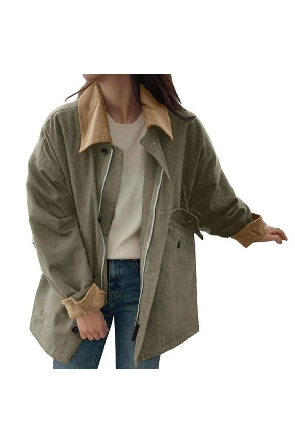 Women's Casual Jackets - Womens Oversized Barn Jacket Button Down Canvas Jacket Corduroy Lapel Collar Fall Fashion 2024 Outwear Women's Bomber Jacket Casual Coat