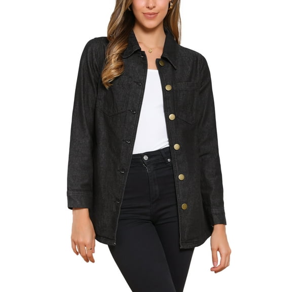 INSPIRE CHIC Women's Jean Jackets Long Sleeves Tie Waist Button Down Casual Denim Jacket XL Black