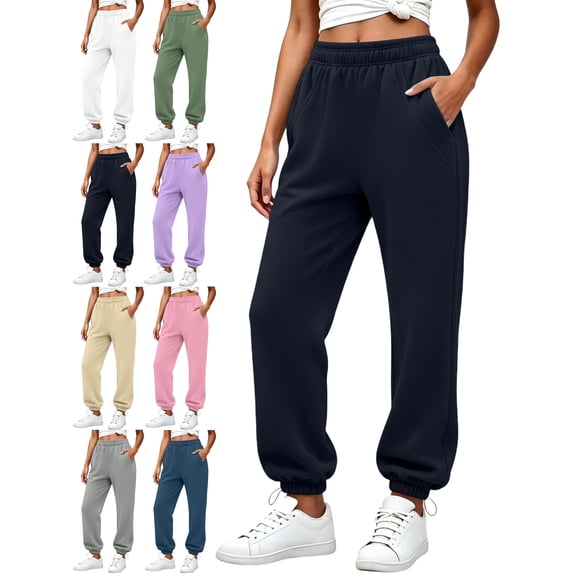 Women's Casual Jogger Sweatpants Elastic Waist Loose Fit Ribbed Cuffed Ankle Athletic Workout Lounge Fall Winter Everyday Pants with Pockets