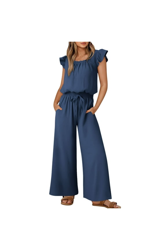 Women's Casual Jumpsuit 2025 Summer Trendy Jumpsuits Ruffle Sleeve Drawstring Elastic Waist Overalls Loose Clothes