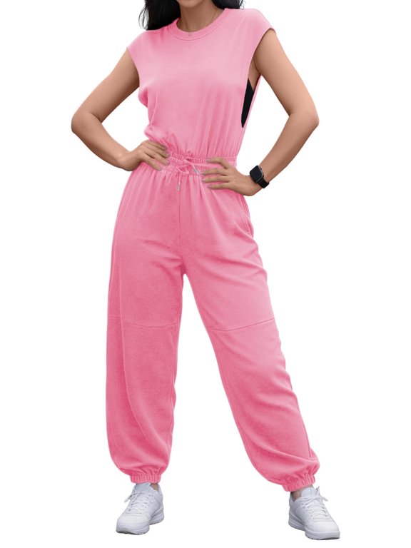 Women's Casual Jumpsuit Crewneck Cap Sleeve One Piece Outfits Open Back Button Drawstring Jogger Romper with Pockets