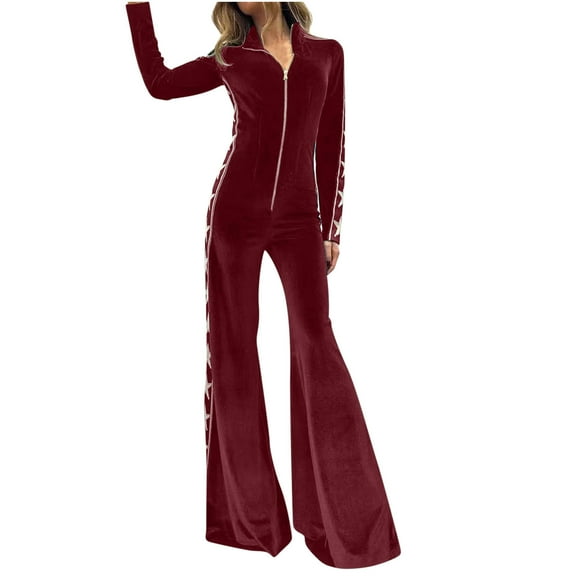 Women's Casual Jumpsuit Fashion Zip Front Flared Hem Pants Velvet Jumper Slimming Long Sleeve Side Star Print Long Romper
