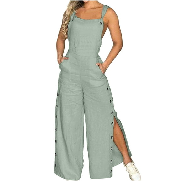 Women's Casual Jumpsuit Sleevess Wide Leg Dungarees Casual Summer Baggy Playsuit Pocket Suspender Bib Overalls Rompers Button Side Slit Pants Trousers Jumpsuits Ladies