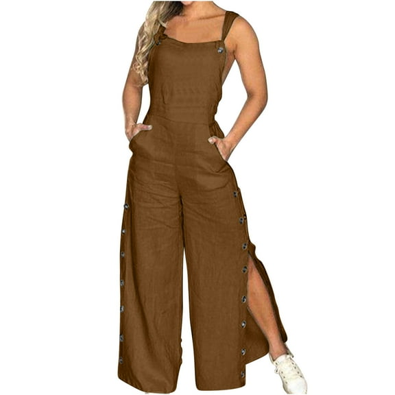 Women's Casual Jumpsuit Sleevess Wide Leg Dungarees Casual Summer Baggy Playsuit Pocket Suspender Bib Overalls Rompers Button Side Slit Pants Trousers Jumpsuits Ladies