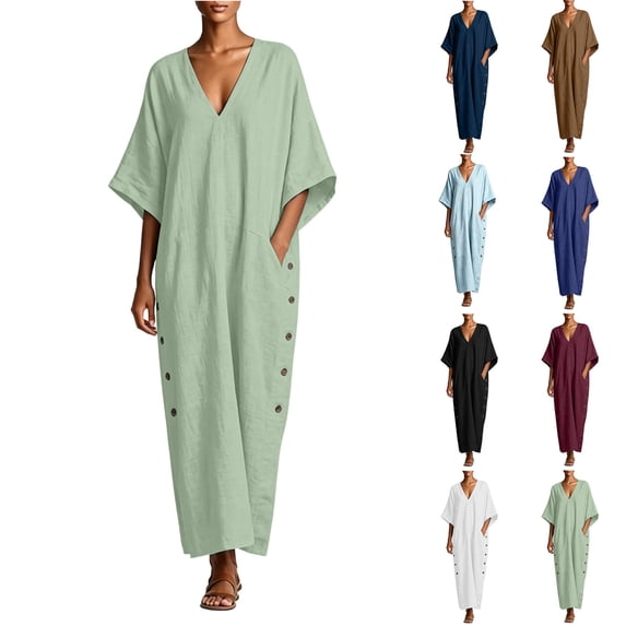 Women's Casual Kaftan Maxi Dress V Neck Batwing Sleeve Loose Shift Long Dress with Pockets Lightweight Sundress Beach Vacation Outfit White