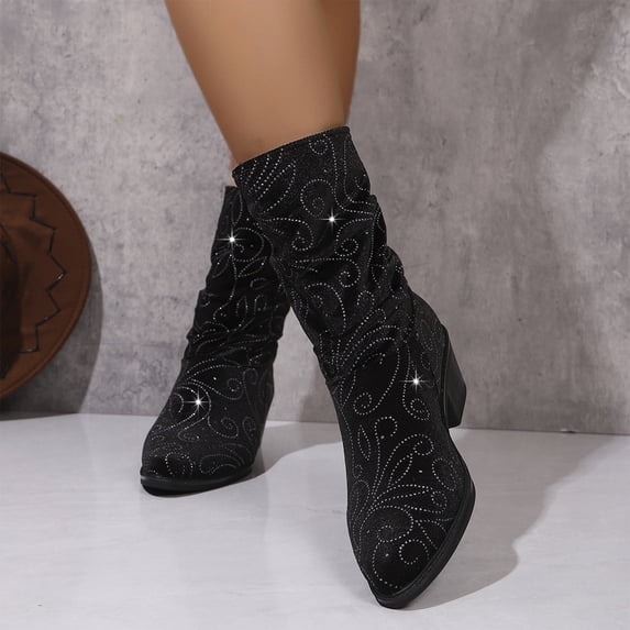 Women's Casual Knee High Boots, Pointed Toe Chunky Heel Rhinestone Sleeve Suede Design with Breathable Lining, Trendy Boots for Daily Party Gift