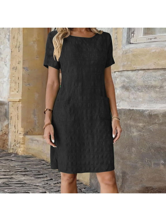 Women's Casual Knee Length Tunic Dress Round Neck Short Sleeve A-Line Shift Silhouette with Pockets Textured Fabric Lightweight Breathable Daily Wear Office Work